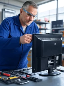 Technik naprawia problemy z telewizorem LG i Samsung w warsztacie – brak obrazu, HDMI, Wi-Fi