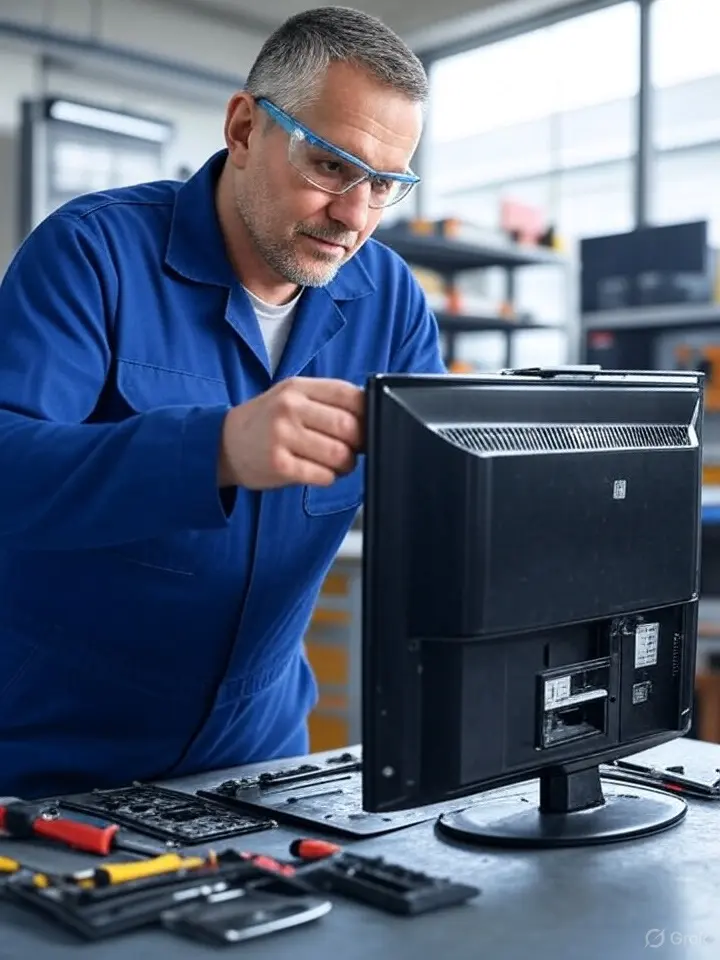 Technik naprawia problemy z telewizorem LG i Samsung w warsztacie – brak obrazu, HDMI, Wi-Fi